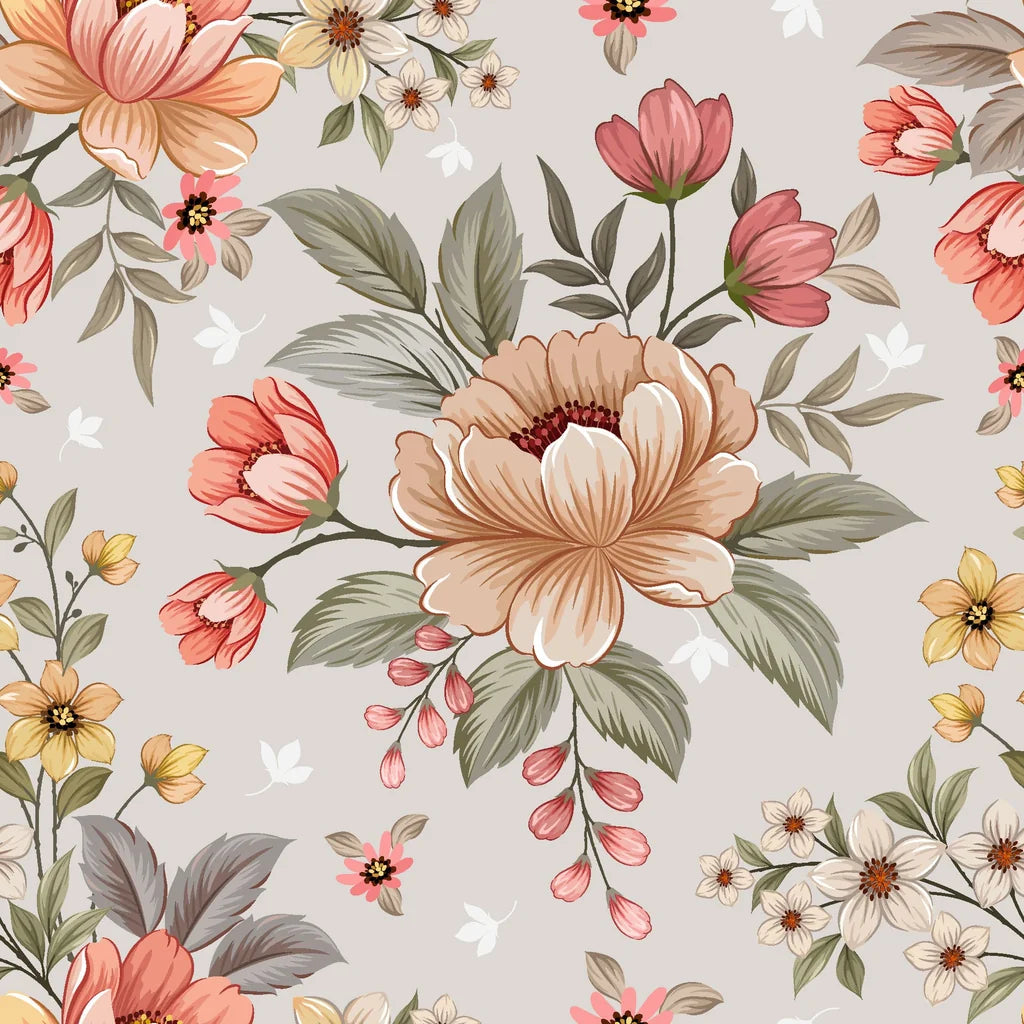 Peach and pink flower bouquets set against classic vintage wallpaper—the Dusty Bloom pattern