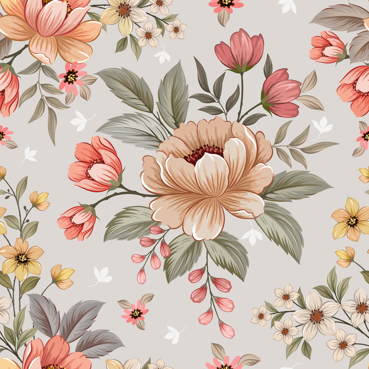 Peach and pink flower bouquets set against classic vintage wallpaper—the Dusty Bloom pattern