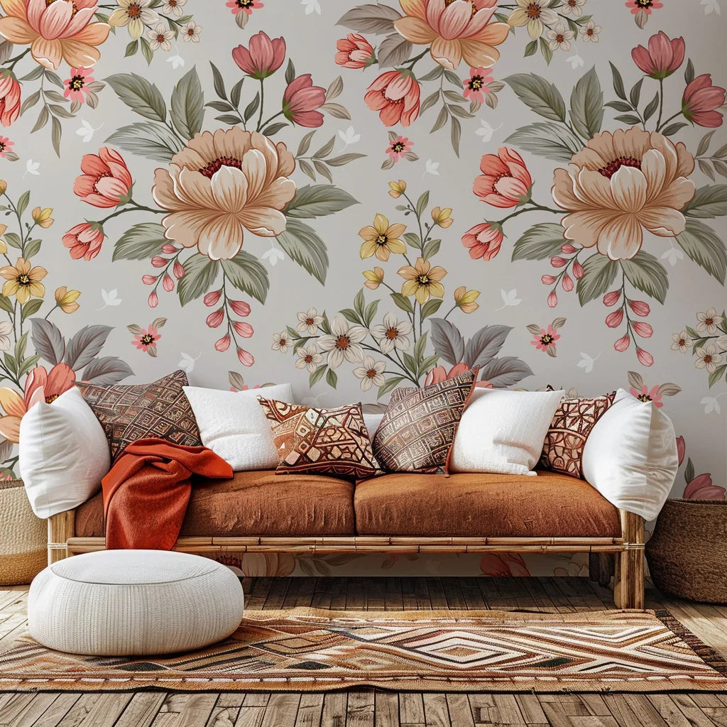 Retro floral wallpaper (Dusty Bloom) featuring pink and peach colored flower arrangements