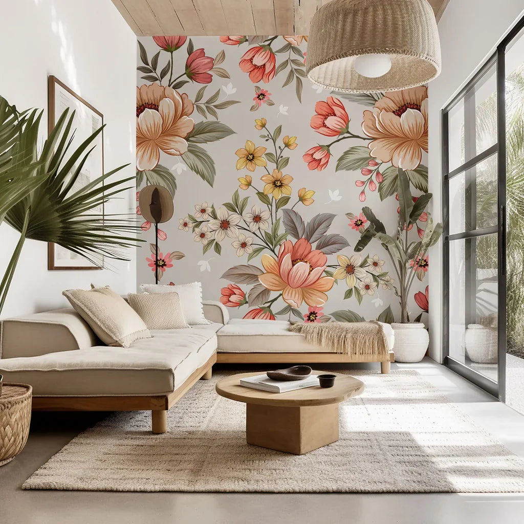 A retro, timeless wallpaper design featuring peach and blush-pink flower arrangements (Dusty Bloom)