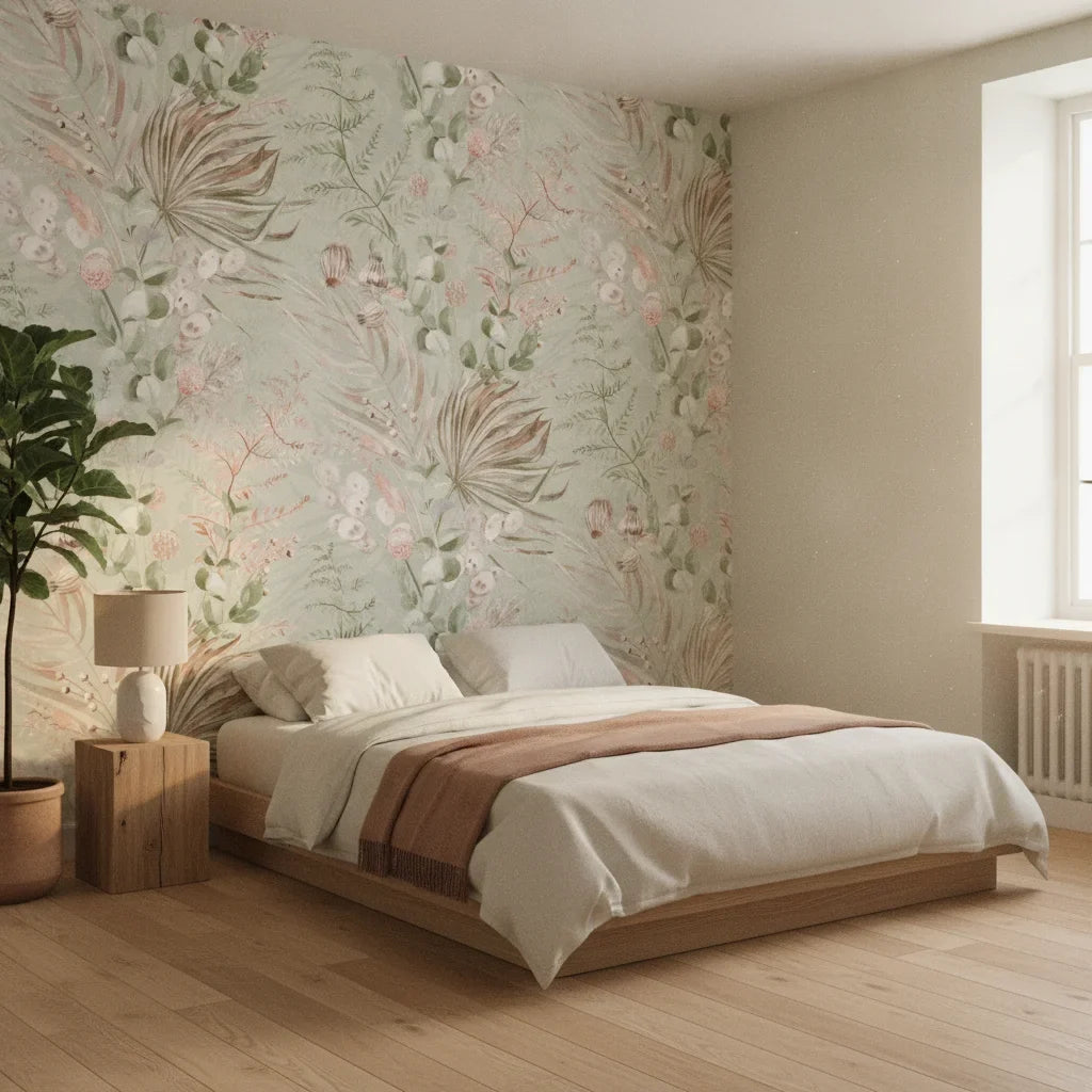 Dusty Meadow sage green botanical floral in a warm and inviting living room