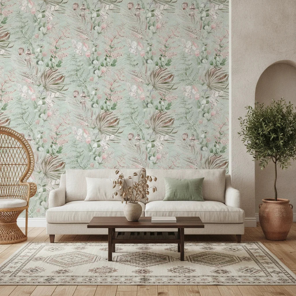 Dusty Meadow sage green botanical floral adding character to a cozy bedroom