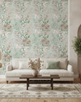 Dusty Meadow sage green botanical floral adding character to a cozy bedroom