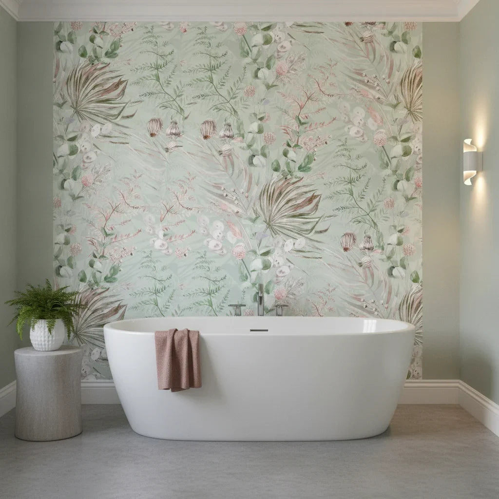 Dusty Meadow sage green botanical floral as a feature wall in a bright home office