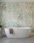 Dusty Meadow sage green botanical floral as a feature wall in a bright home office