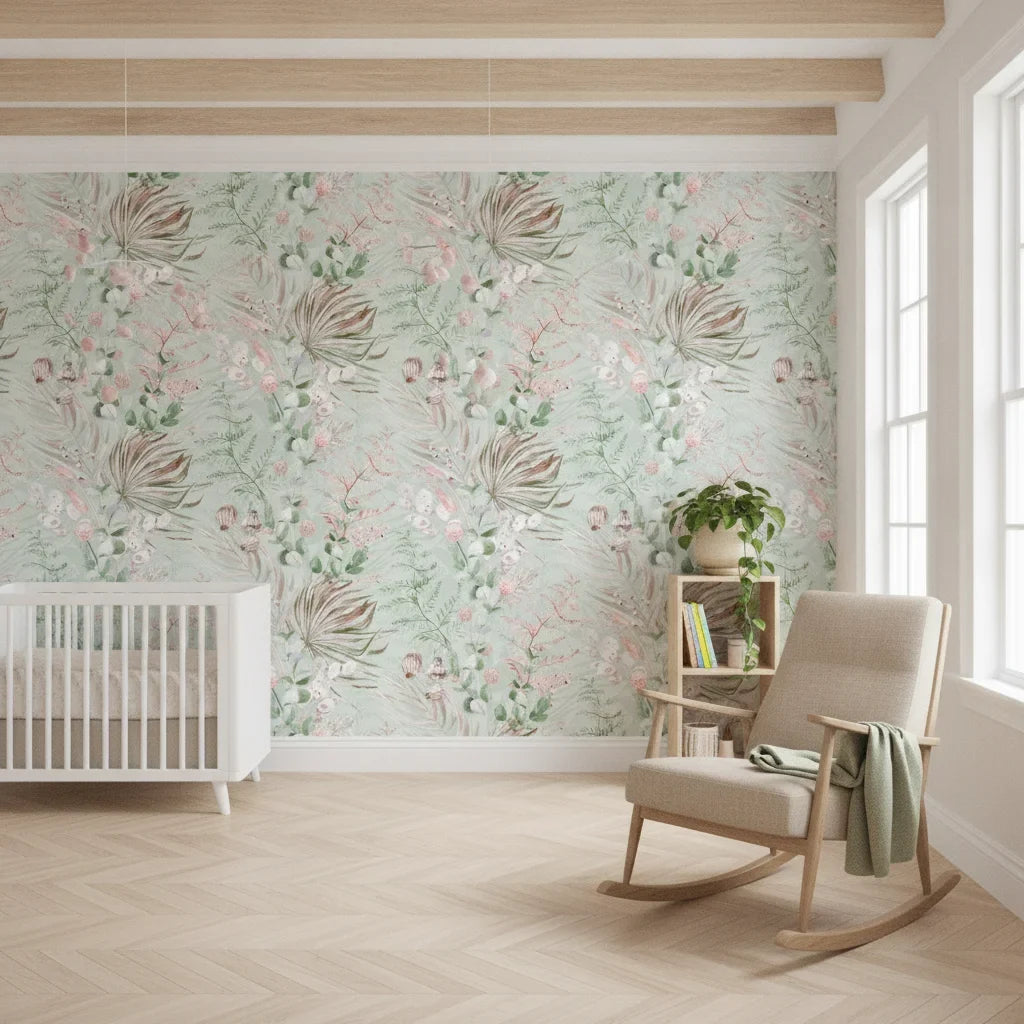 Dusty Meadow sage green botanical floral creating ambiance in a serene bathroom