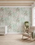 Dusty Meadow sage green botanical floral creating ambiance in a serene bathroom