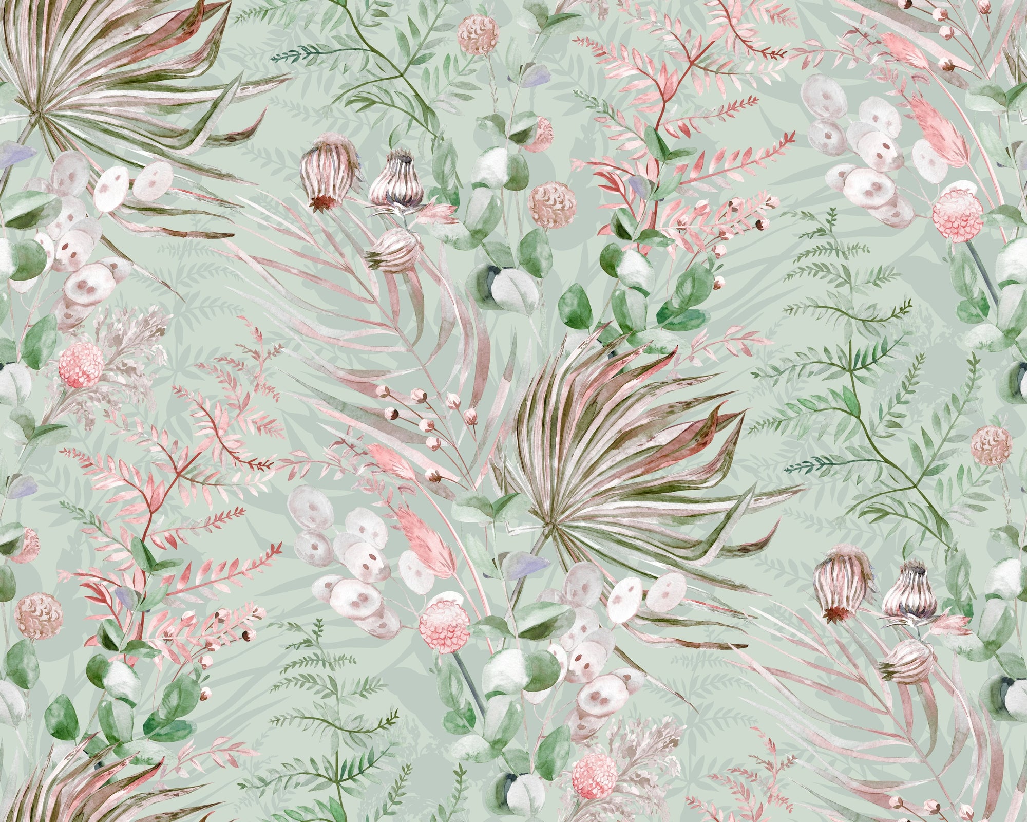 Textured peel and stick wallpaper with sage green botanical florals - Dusty Meadow