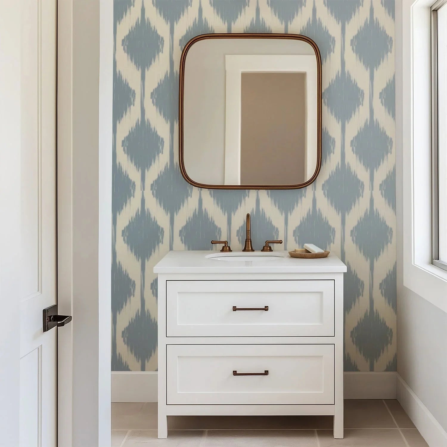 Wallpaper featuring a pattern of soft blue, hazy diamonds that repeat across a warm, off-white base color