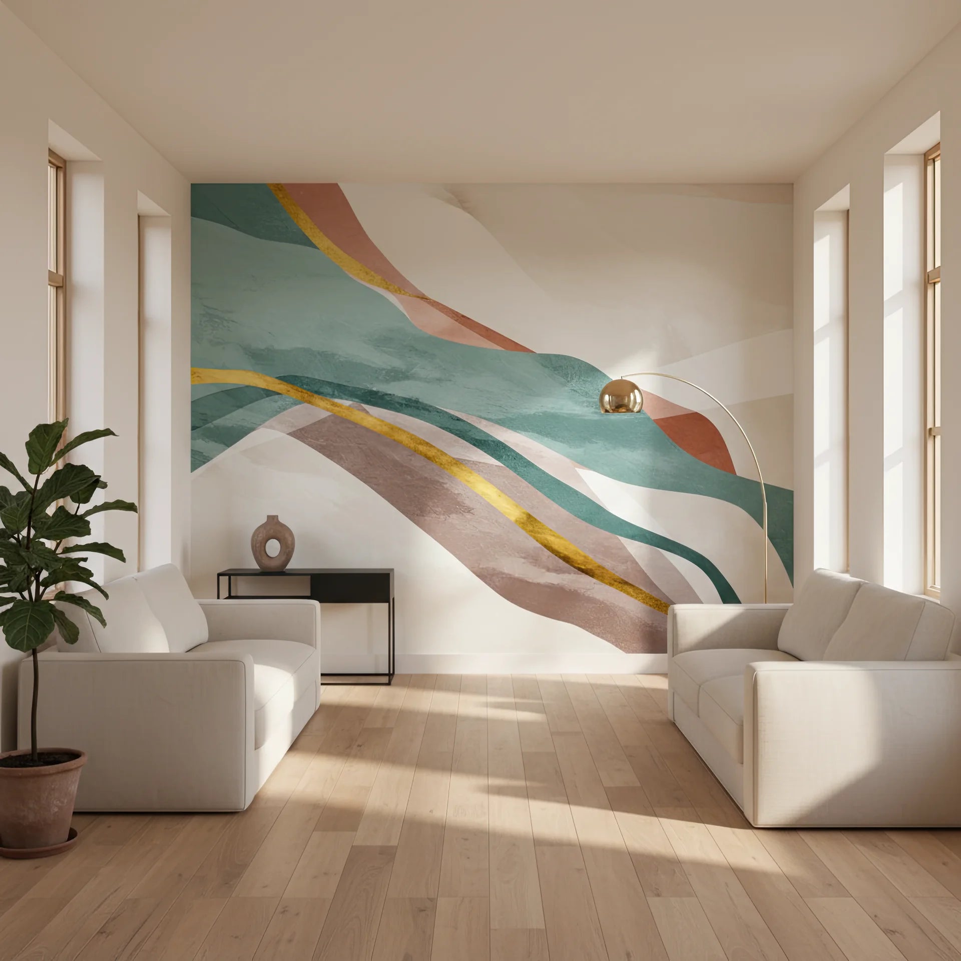 Flowing earth tone peel and stick wallpaper with teal and gold ribbons