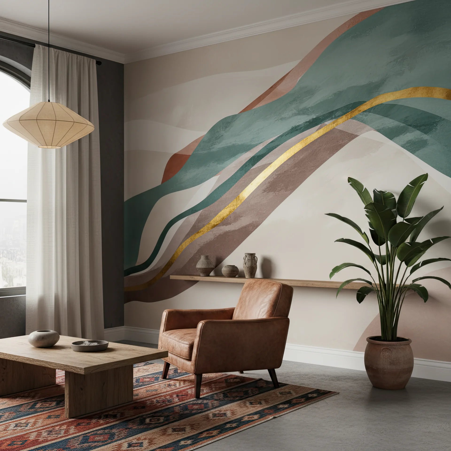 Earth tone and teal wallpaper sample with harmonious wave design