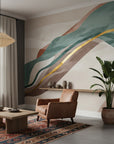 Earth tone and teal wallpaper sample with harmonious wave design