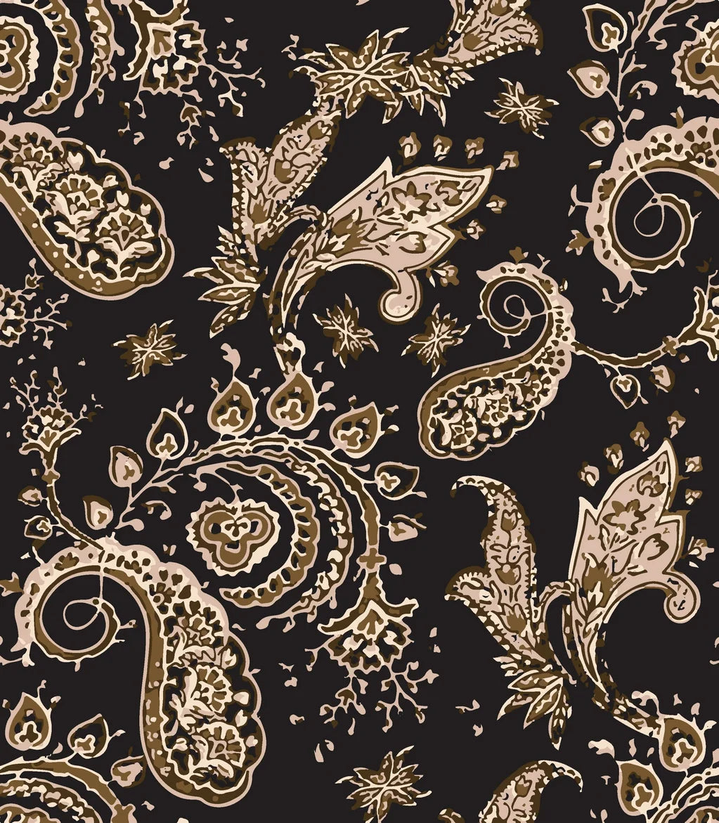 Self-adhesive wallpaper featuring a deep brown and black moody traditional paisley design (Earthen Whispers)