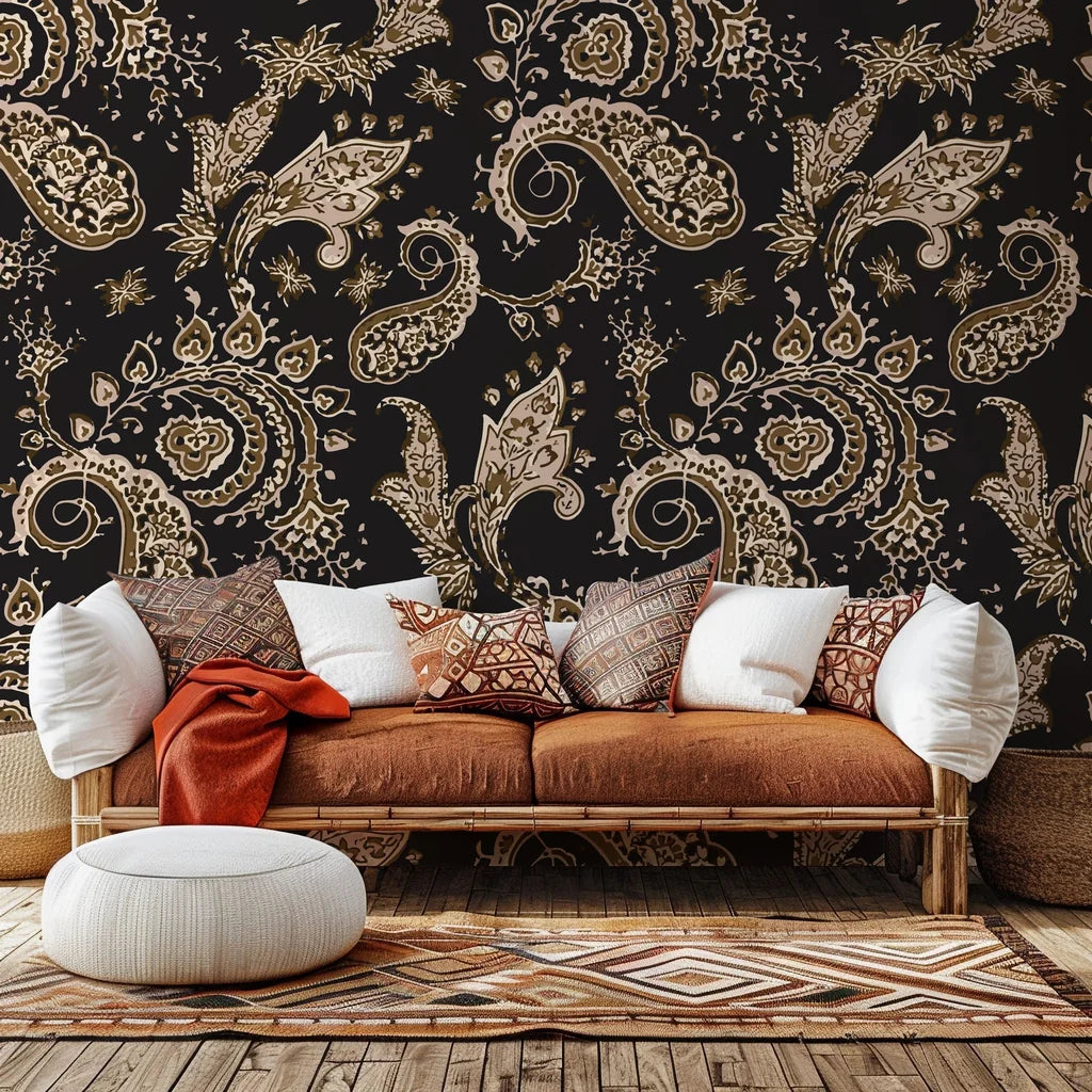 Traditional paisley peel-and-stick wallcovering in dark brown and black tones, possessing a moody aesthetic