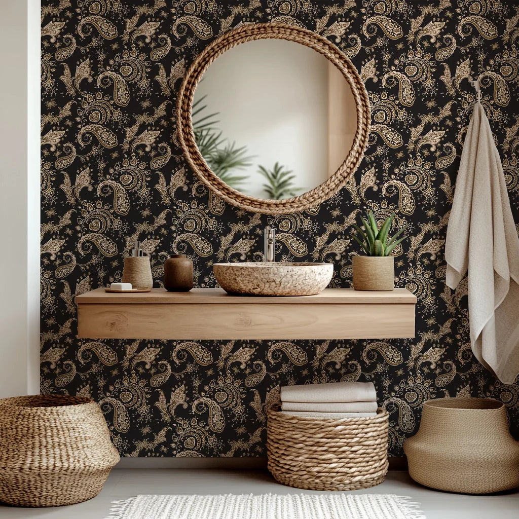 A moody, traditional paisley peel-and-stick wallpaper in deep dark brown and black shades (Earthen Whispers)