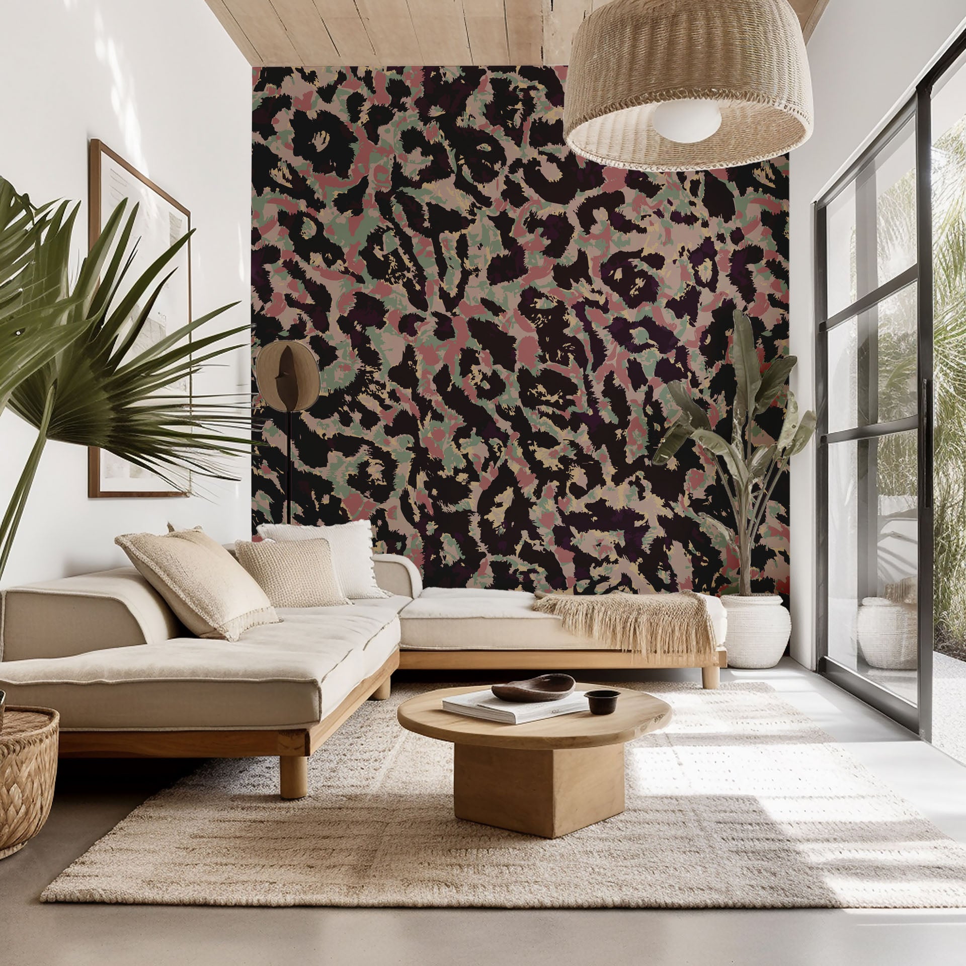 Self-adhesive wallpaper featuring an abstract animal spot design in vibrant pink and green tones, part of the Earthy Echoes collection