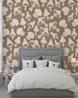 Earthy tan and chocolate mushroom botanical motifs on self-adhesive wallpaper - Earthy Chorus