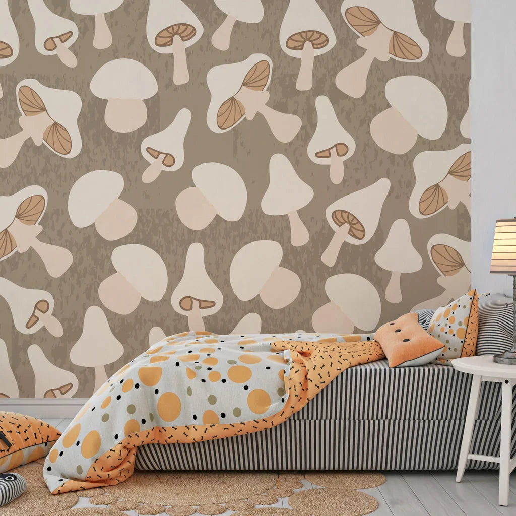 Vintage-inspired woodland fungi pattern in beige and brown shades for peel-and-stick application - Earthy Chorus