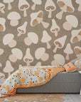 Vintage-inspired woodland fungi pattern in beige and brown shades for peel-and-stick application - Earthy Chorus