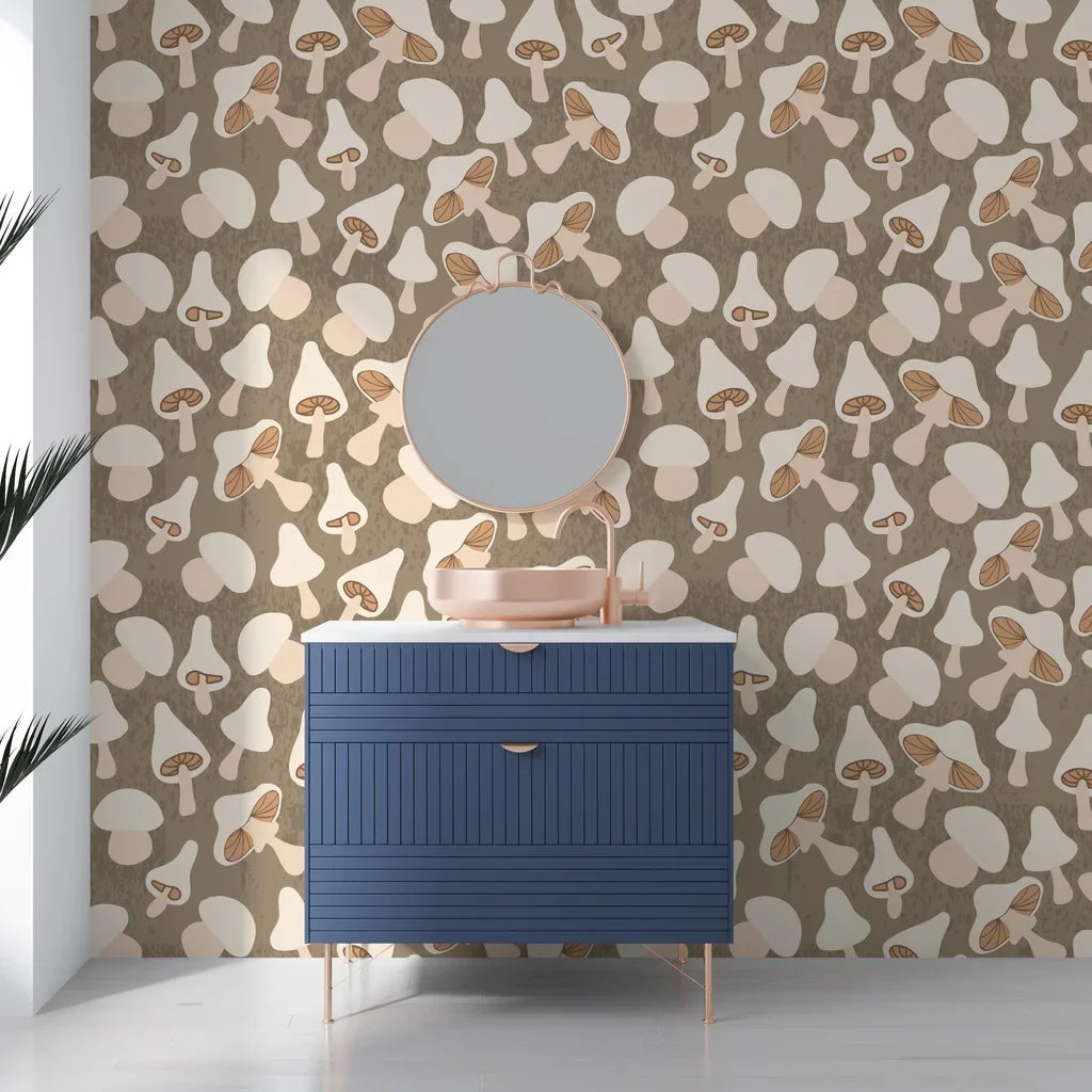 Removable wall covering featuring detailed botanical mushroom illustrations in neutral earth tones - Earthy Chorus