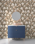 Removable wall covering featuring detailed botanical mushroom illustrations in neutral earth tones - Earthy Chorus