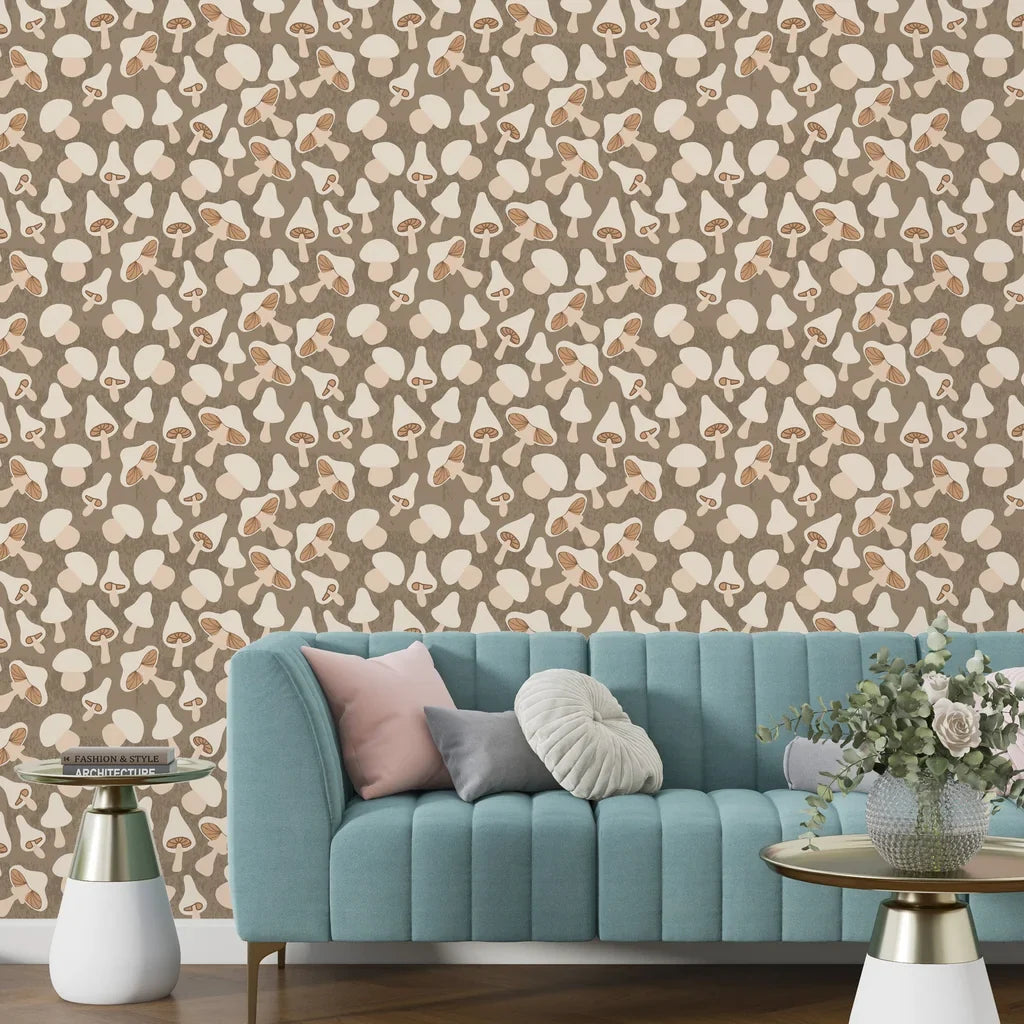 Cream and mocha colored fungi design on a botanical-themed adhesive wallpaper - Earthy Chorus