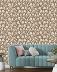 Cream and mocha colored fungi design on a botanical-themed adhesive wallpaper - Earthy Chorus