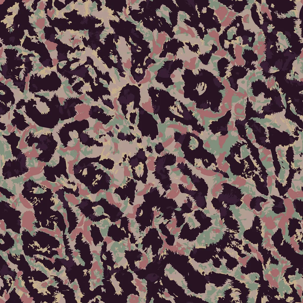 Self-adhesive wall covering featuring an abstract pink and green leopard spot pattern, named Earthy Echoes
