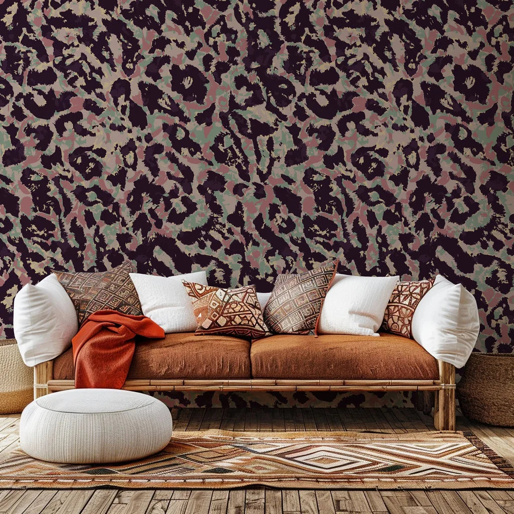Earthy Echoes: Self-adhesive wall covering featuring an abstract pink and green leopard pattern