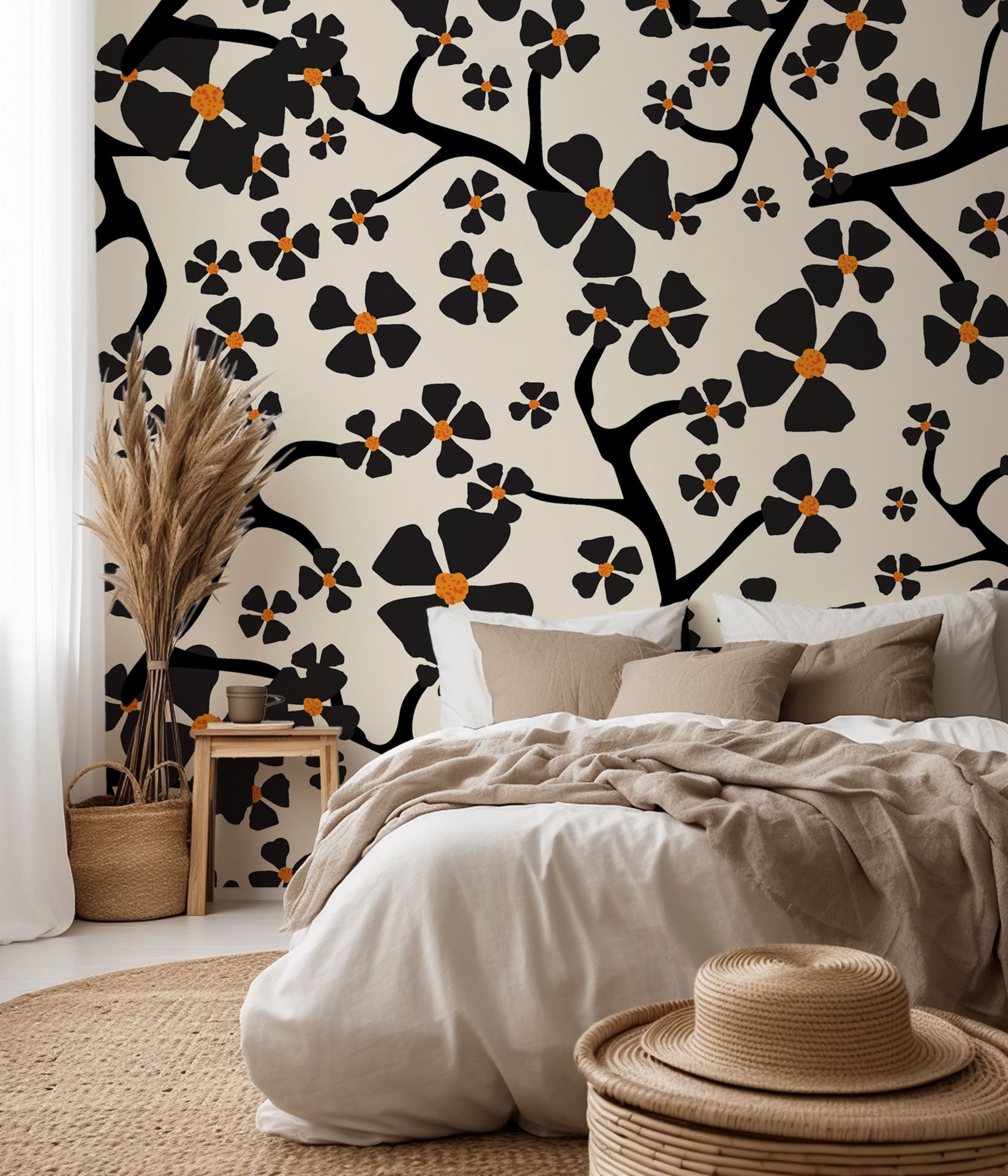 Contemporary cream-colored peel and stick wallpaper displaying a pattern of black floral branches
