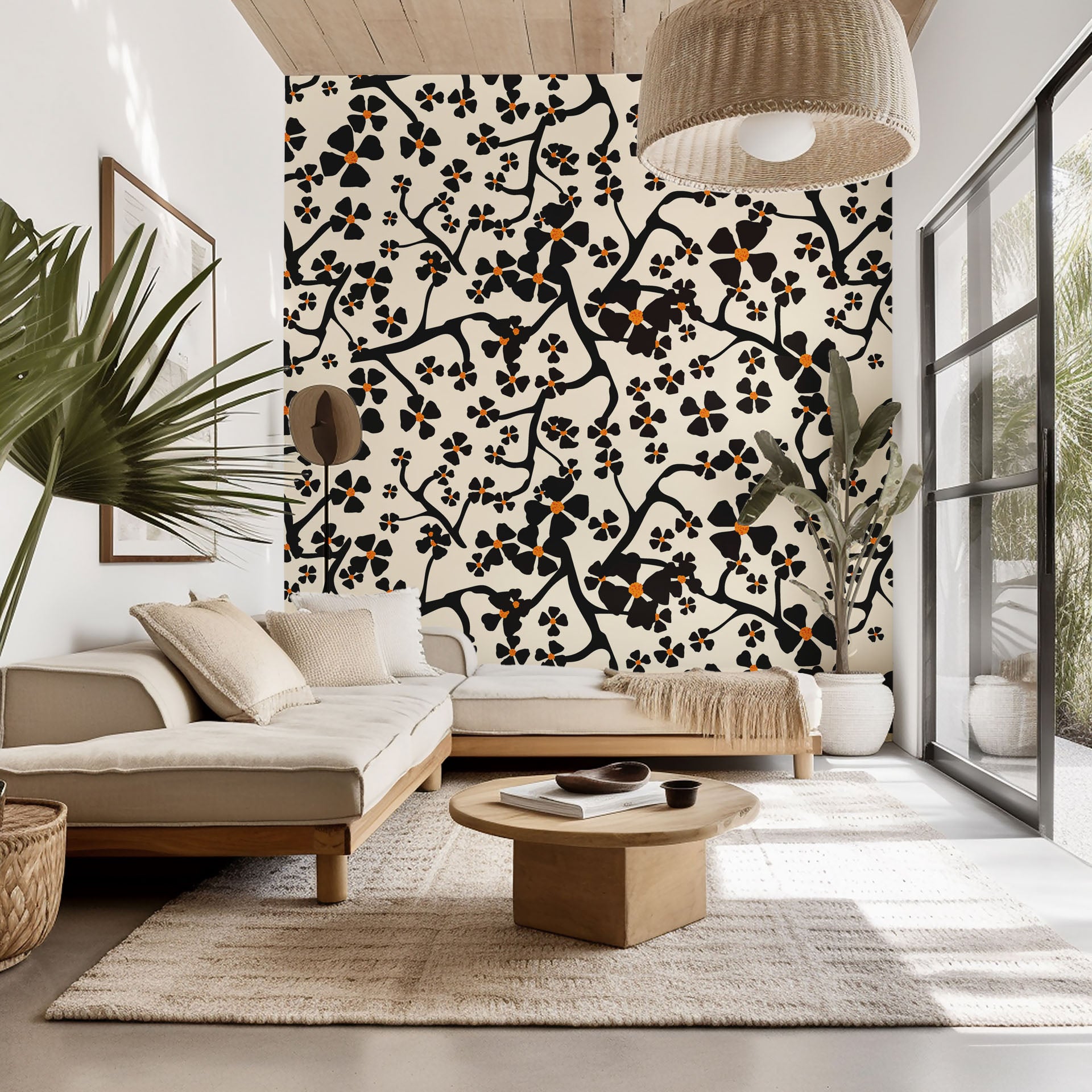 Black floral branches adorn a contemporary, self-adhesive cream wall covering, pattern name Ebony Bloom