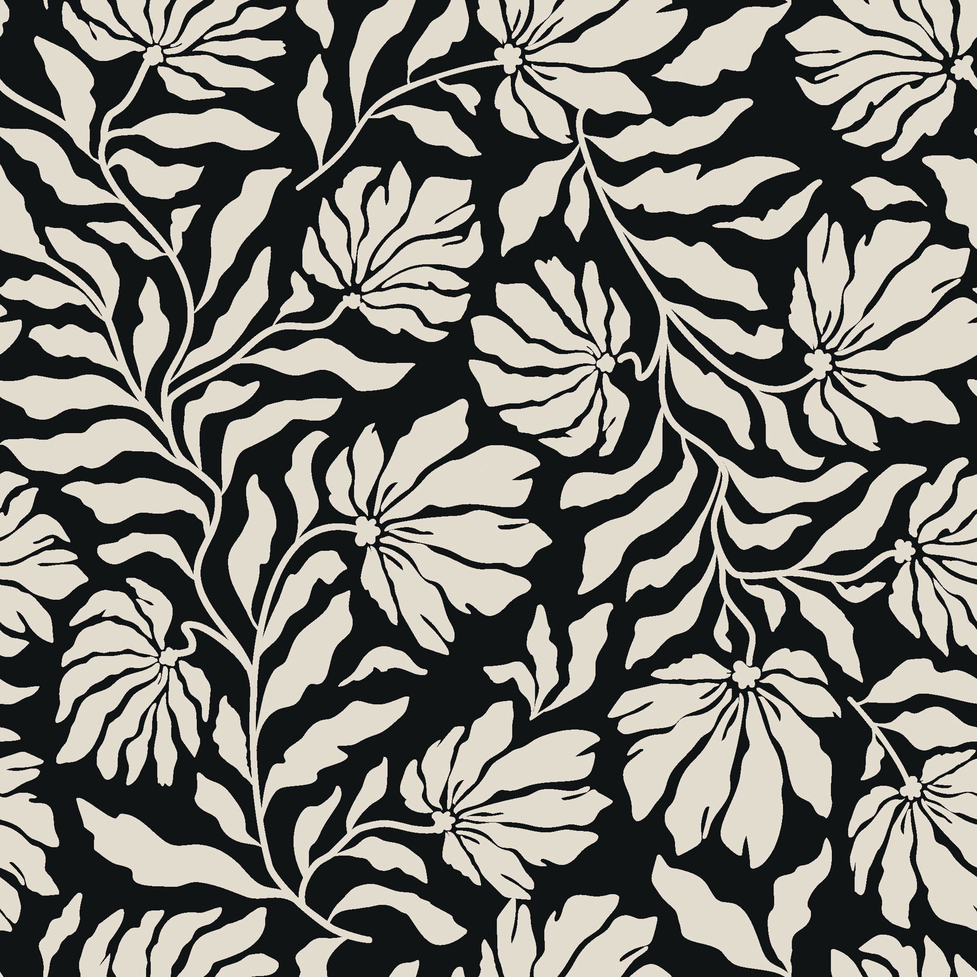 Cream and black wallpaper featuring a floral silhouette design, easily applied with peel-and-stick backing