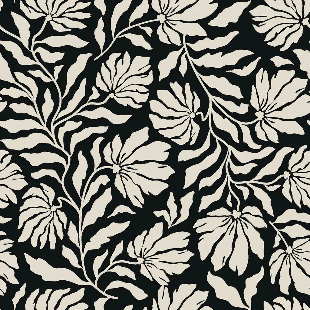 Ebony Garden black and cream floral silhouette wallpaper