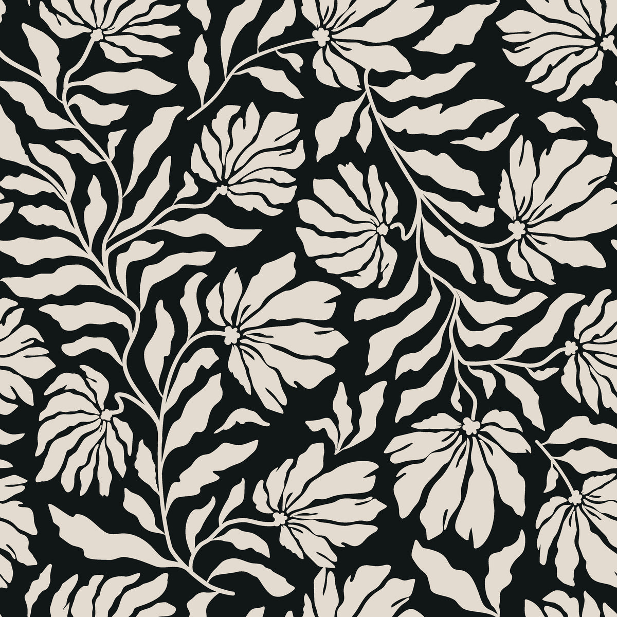 Ebony Garden black and cream floral silhouette wallpaper
