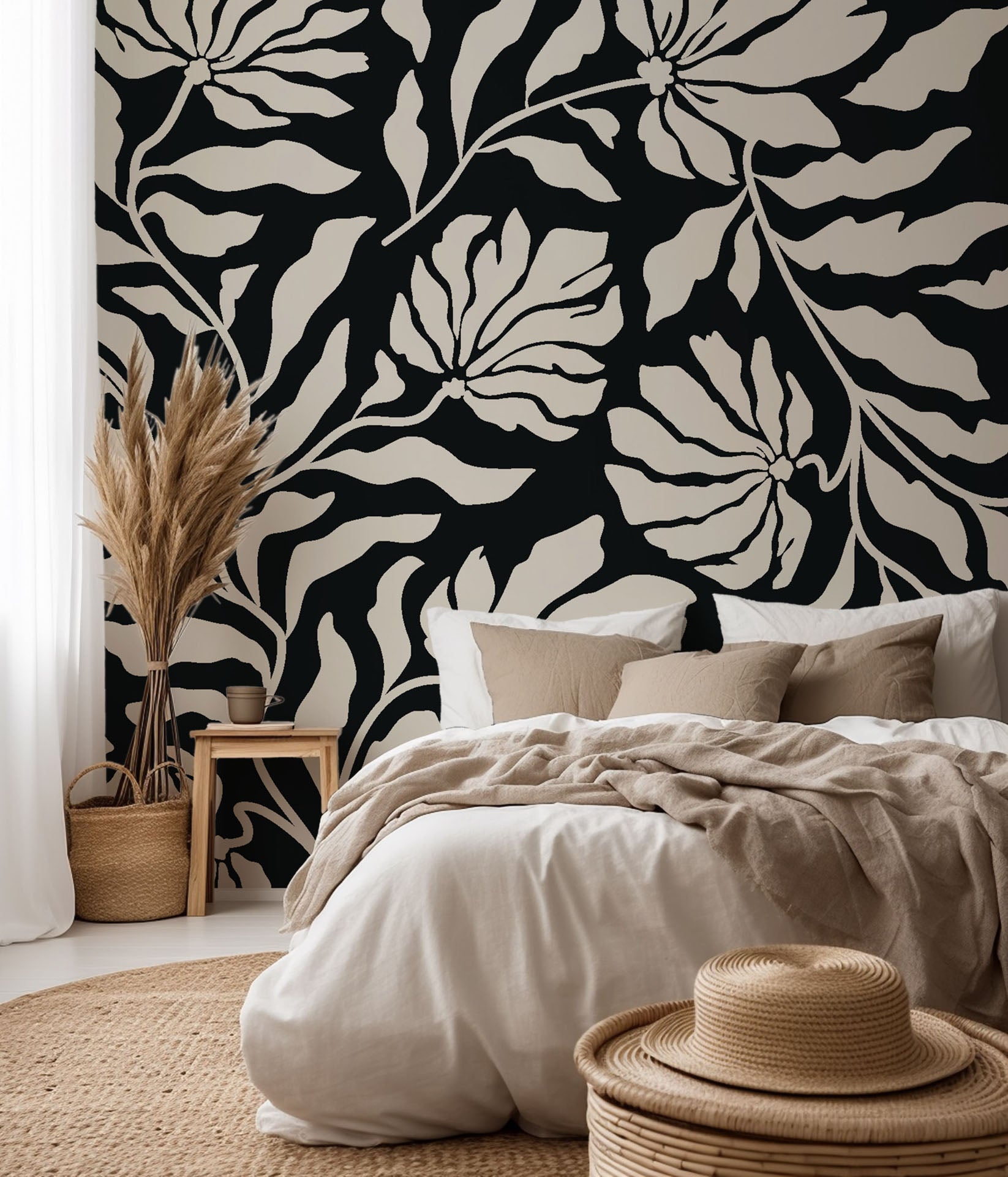 Self-adhesive cream wallpaper, a modern design showcasing black floral branches, named Ebony Bloom