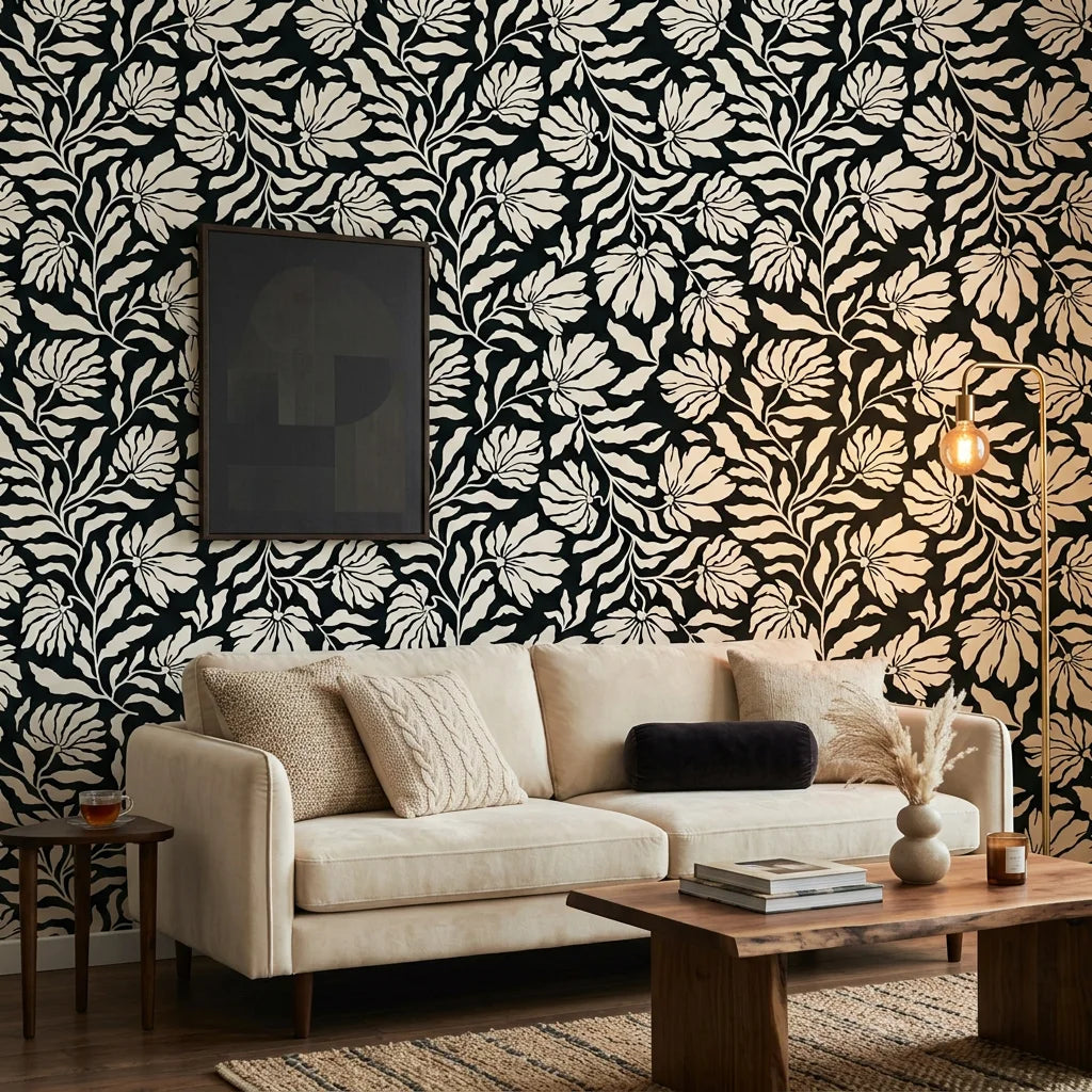 Ebony Garden black and cream floral silhouette wallpaper in a warm and inviting living room