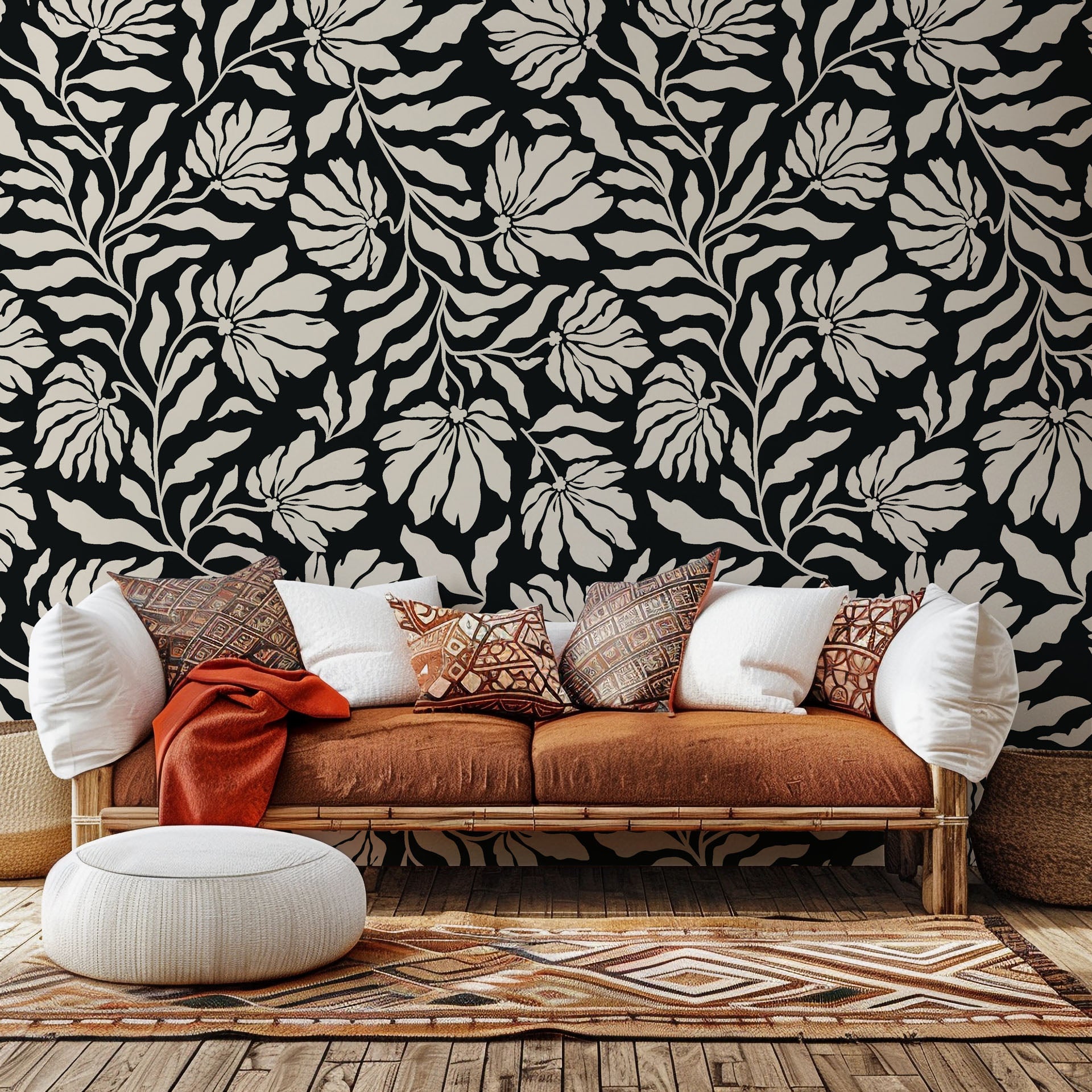 Self-adhesive cream wallpaper, a modern design showcasing black floral branches, named Ebony Bloom