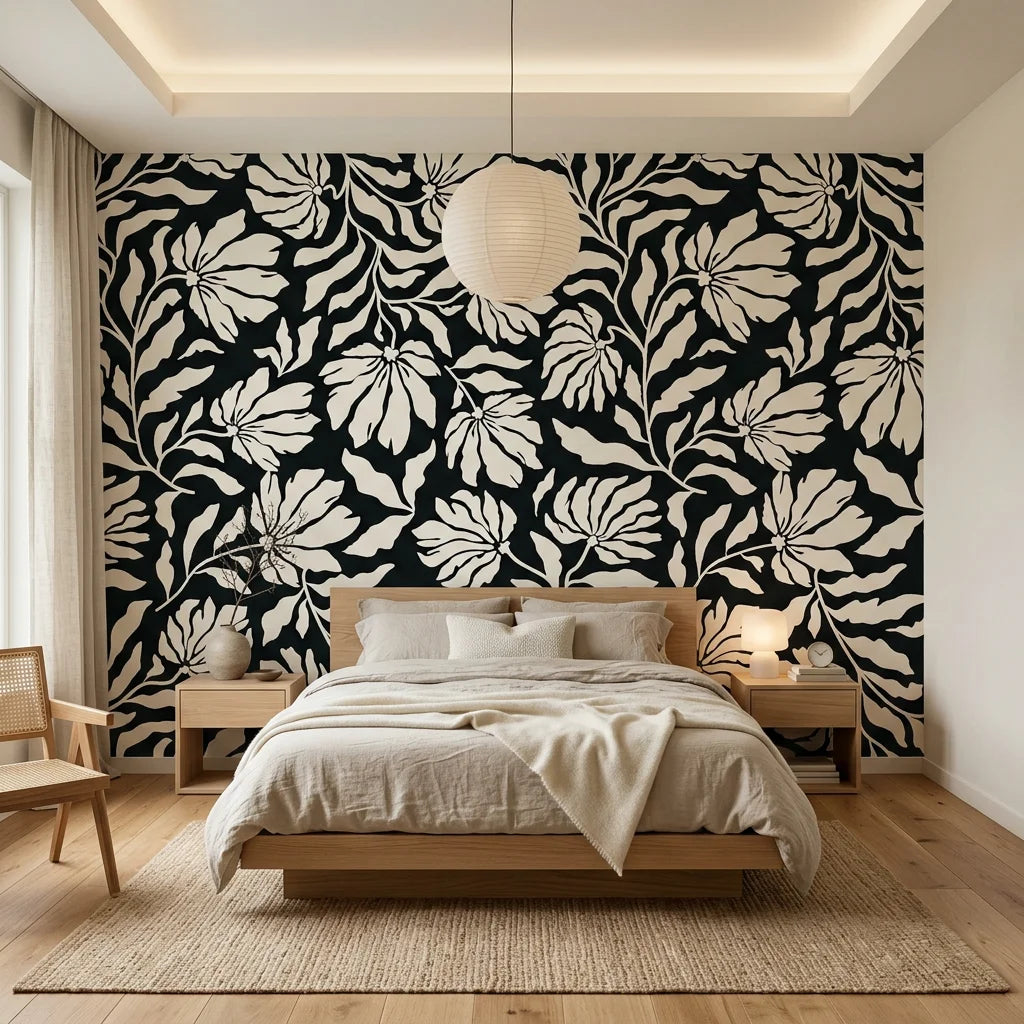 Ebony Garden black and cream floral silhouette wallpaper adding character to a cozy bedroom