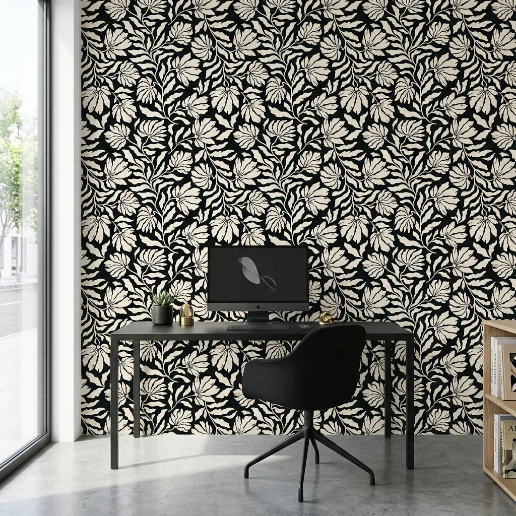 Ebony Garden black and cream floral silhouette wallpaper as a feature wall in a bright home office