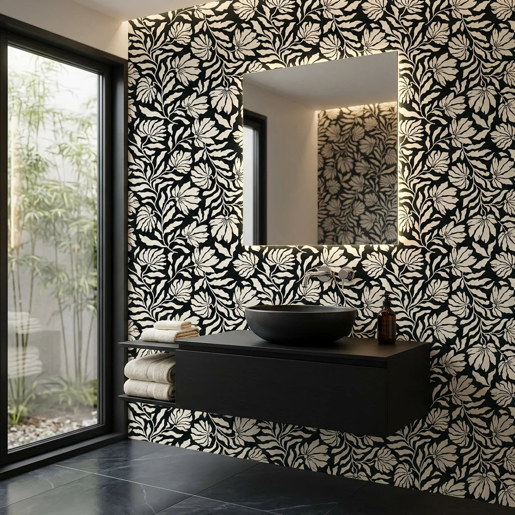 Ebony Garden black and cream floral silhouette wallpaper creating ambiance in a serene bathroom