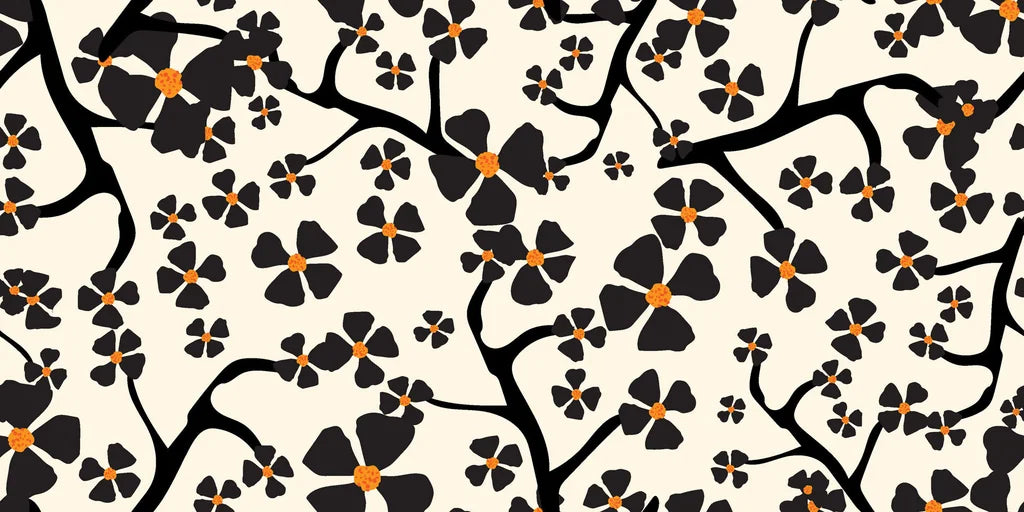 Self-adhesive cream wallpaper, a modern design showcasing black floral branches, named Ebony Bloom