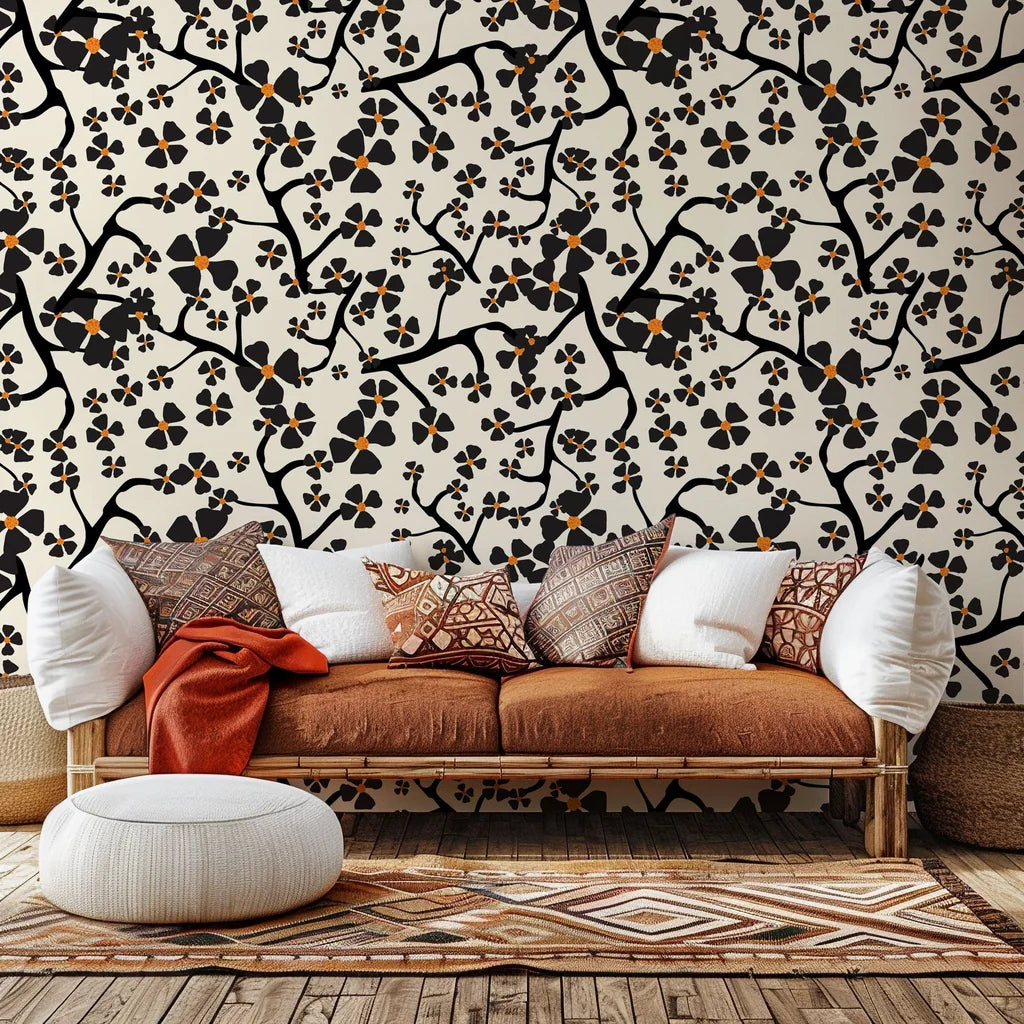 Self-adhesive wall covering in a contemporary cream tone, patterned with black botanical branches (Ebony Bloom)