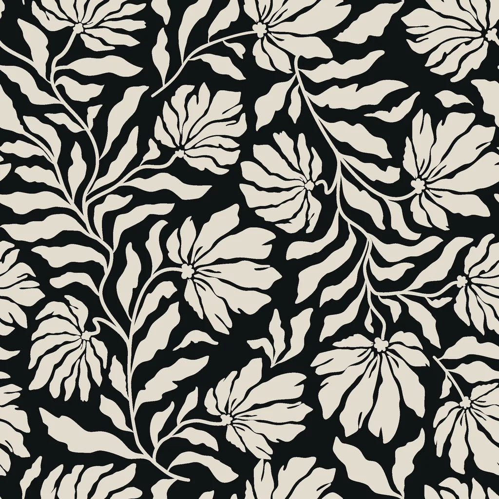 Cream and black wallpaper featuring a floral silhouette design, easily applied with peel-and-stick backing