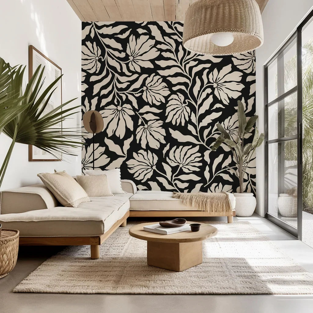 Self-adhesive wall covering in a black and cream floral silhouette design, 'Ebony Garden' pattern