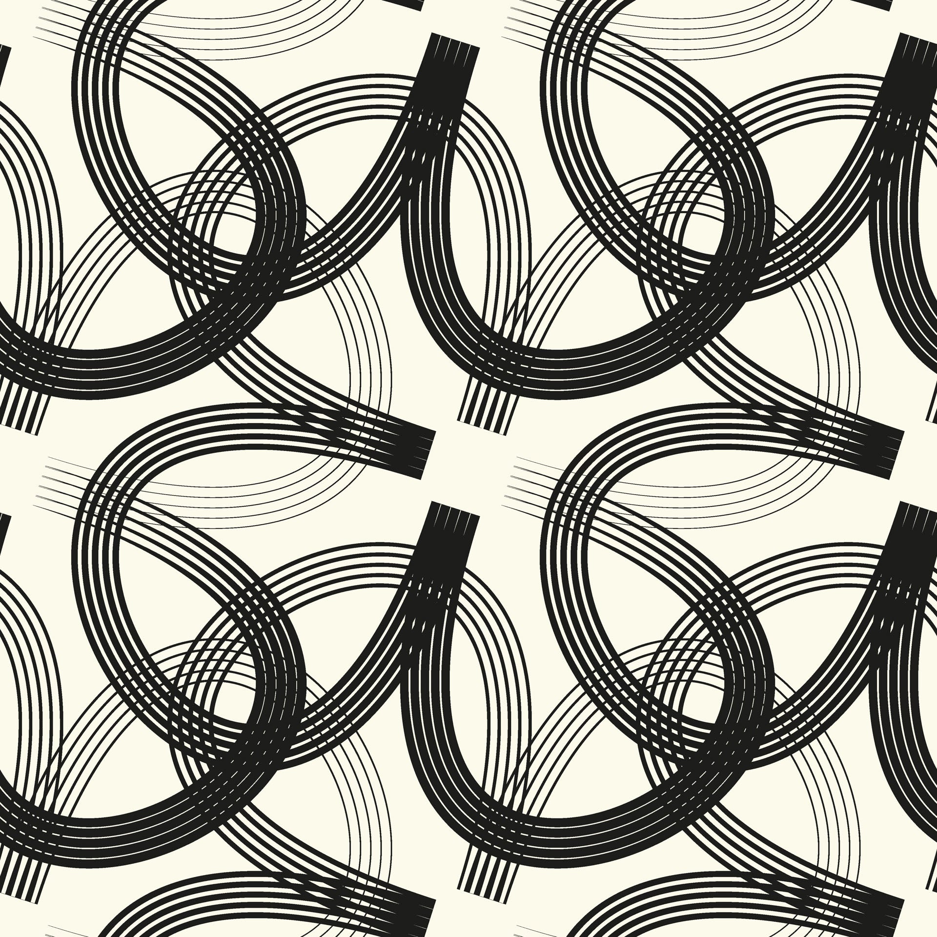 A geometric wall covering featuring abstract, curved lines in black and cream—Echo Bound style.