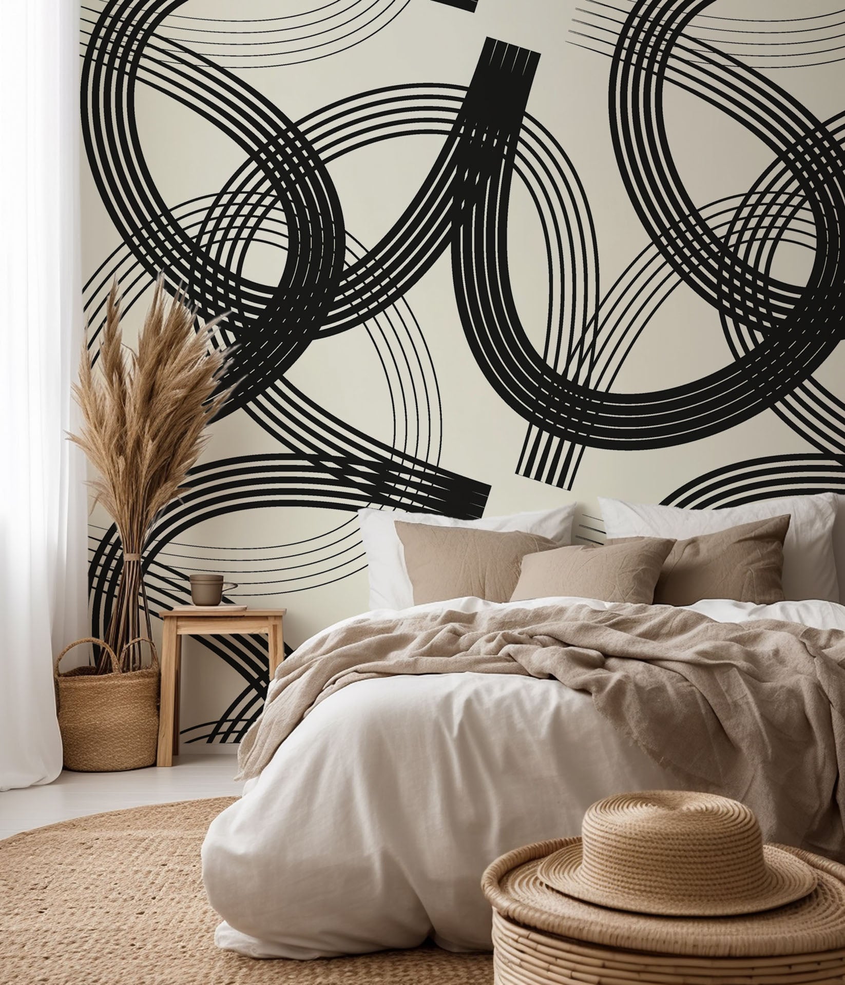 Echo Bound wallcovering features a geometric, abstract design of curving black and cream lines