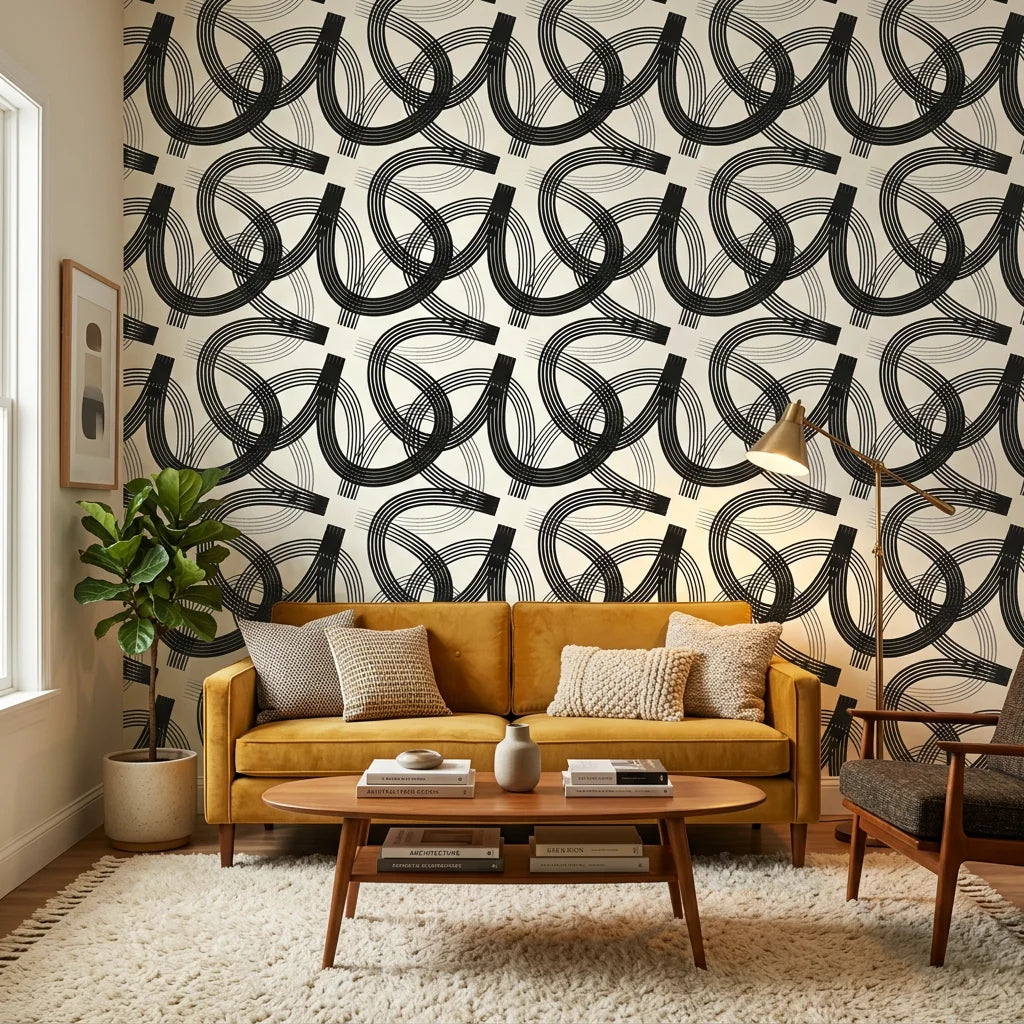 Echo Bound Black white abstract curved line wallpaper in a warm and inviting living room