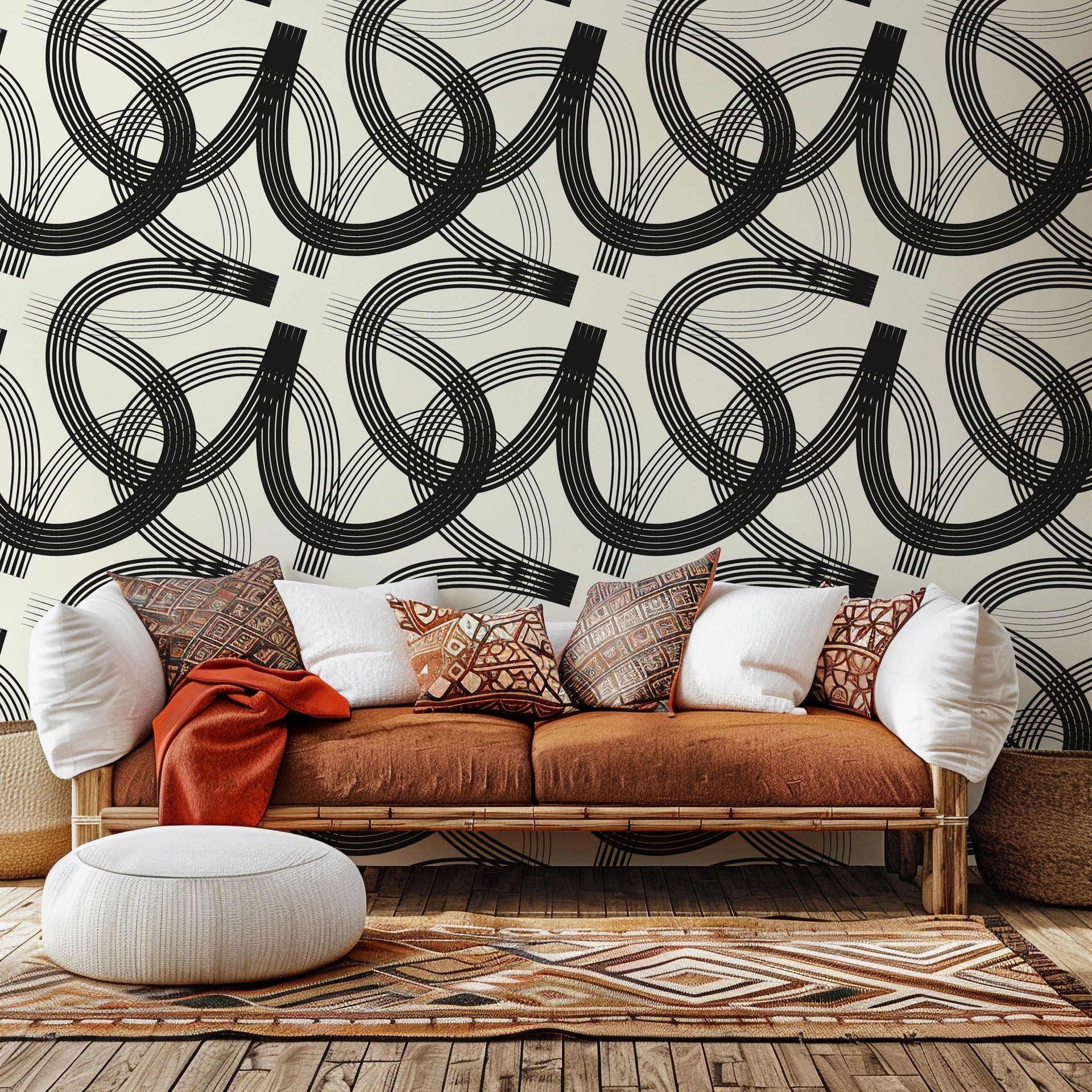 Abstract geometric wallpaper, Echo Bound, featuring black and cream flowing curved lines.