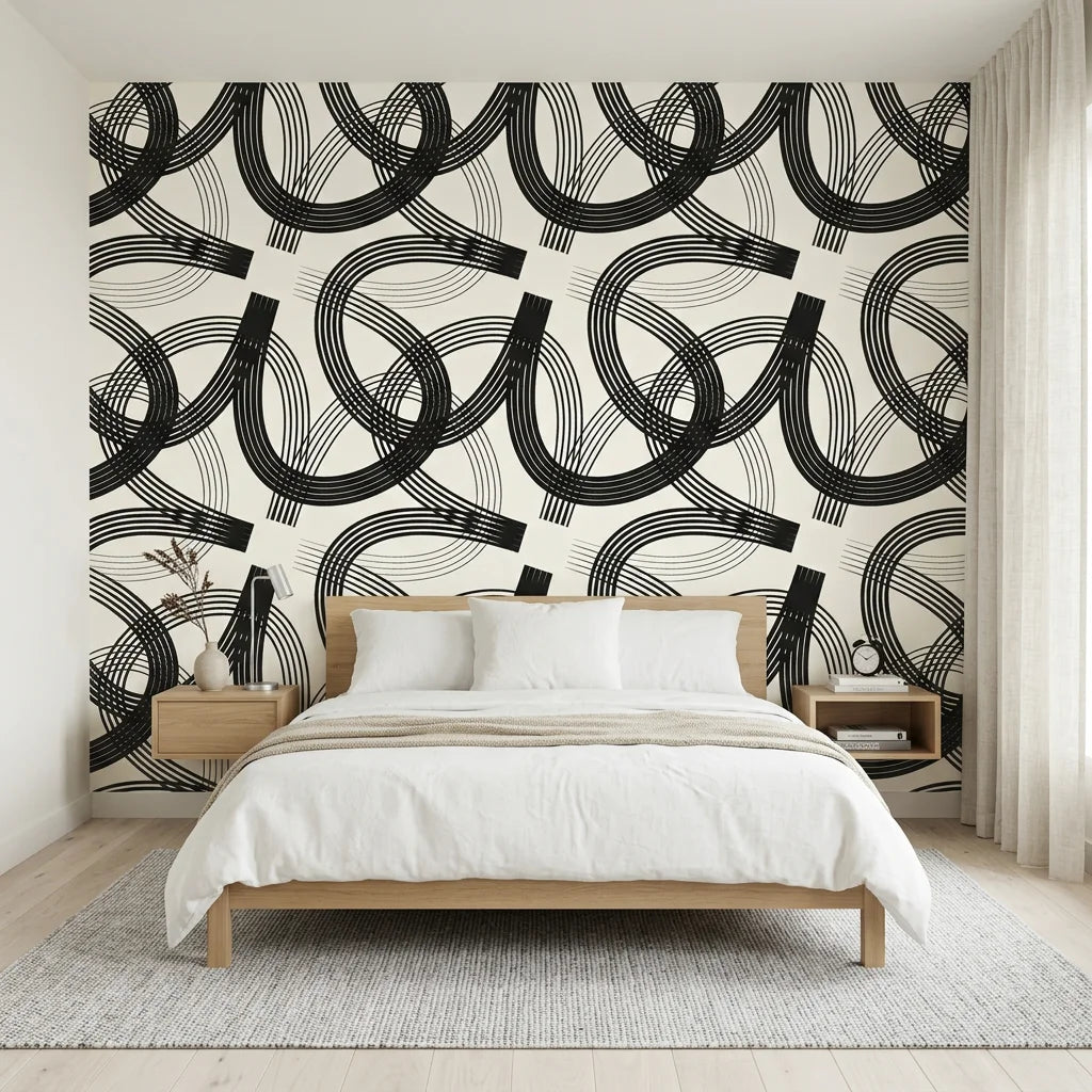 Echo Bound Black white abstract curved line wallpaper adding character to a cozy bedroom