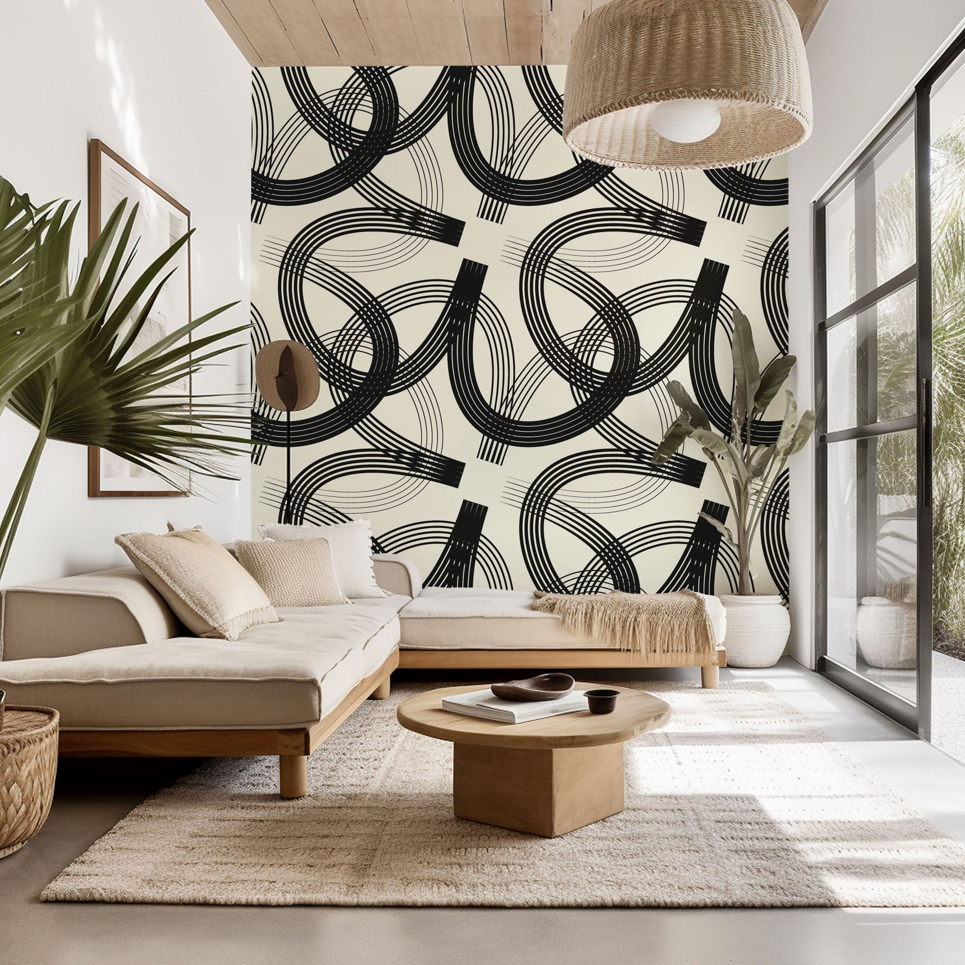 Abstract black and cream geometric wallpaper with curved lines - Echo Bound